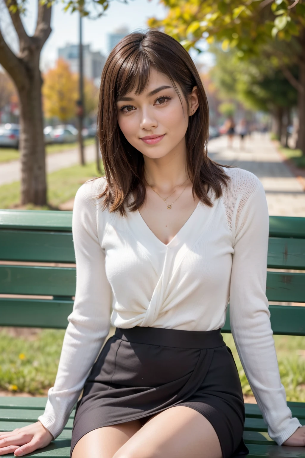 Realistic, Realistic, Tabletop, highest quality, RAW Photos, Face Focus, elegant, (One Woman), 28 years old, A large, loose white V-neck see-through knit sweater, (Orange tight skirt), (Brown Hair), (bangs), (Straight hair), at the park, ((Sit sideways on a bench with your legs stretched out)), ((Twisting his upper body and facing this way)), (Looking into the camera), Beautiful Face, (Fearless Smile), (Shapely bust), Perfect Anatomy, Perfect balance, Detailed human body