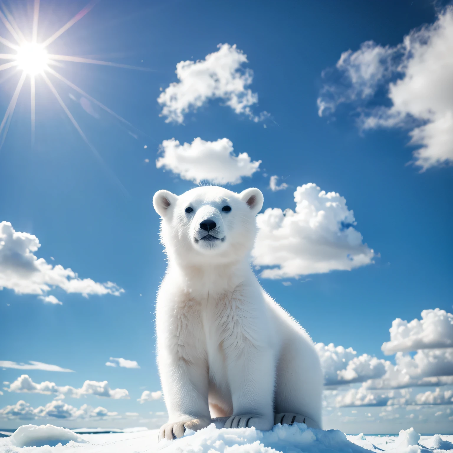 a baby polar bear, adorable, blue sky, sun, clouds