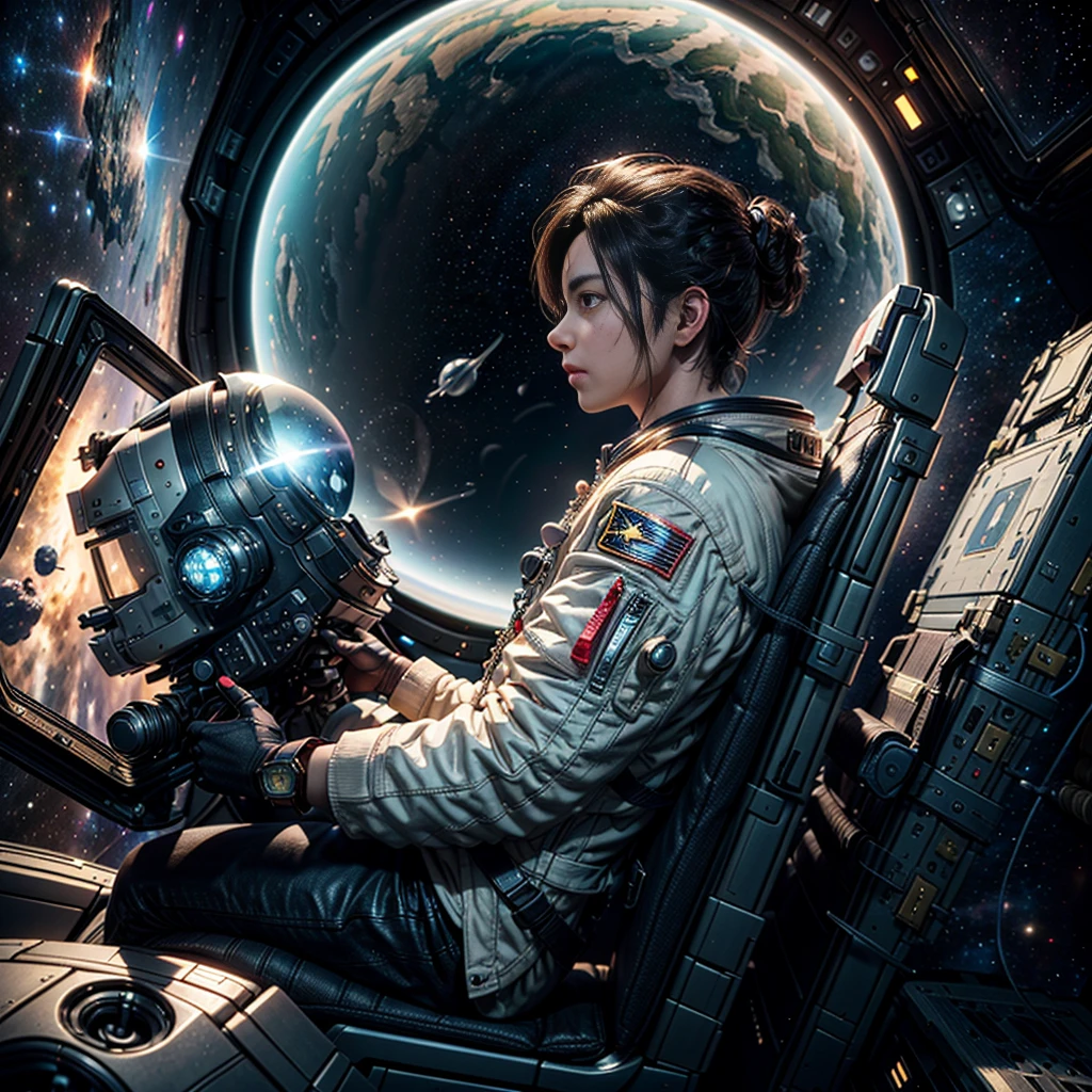 sideback view of male pilot looking half-turned at viewer and holding holographic navigation device in hands, sitting in chair in cockpit of spacecraft in deep space, Masterpiece, best quality, (highly detailed CG unity 8k wallpaper), (best quality), (best illustration), (best shadows), isometric 3D , octane rendering, ray tracing, highly detailed, sci-fi