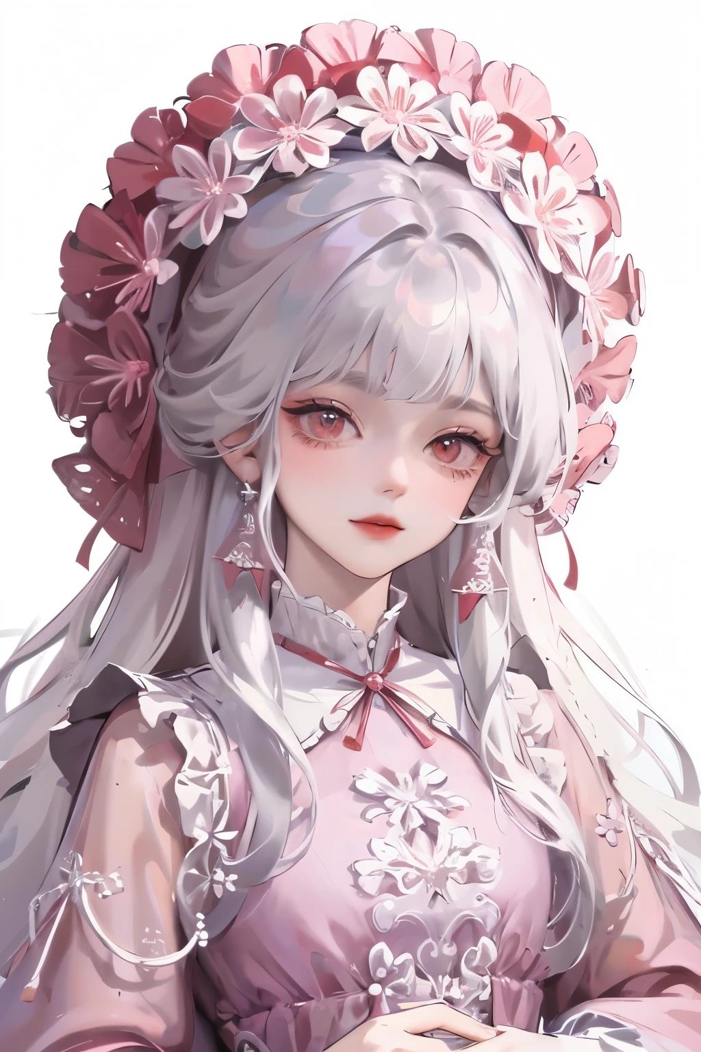 masterpiece, best quality, 1 Girl, Solitary, long_hair, Watching_exist_Viewer, white hair, Red Eyes, Smile, Bangs, skirt, shirt, long_sleeve, hexist, skirt, bow, Keep, close_Mouth, flower, Ruffles, hair_flower, flower瓣, flower束, Keep_flower, center_Ruffles, cap, Keep_flower束, Tai Chi E, whole body, White background