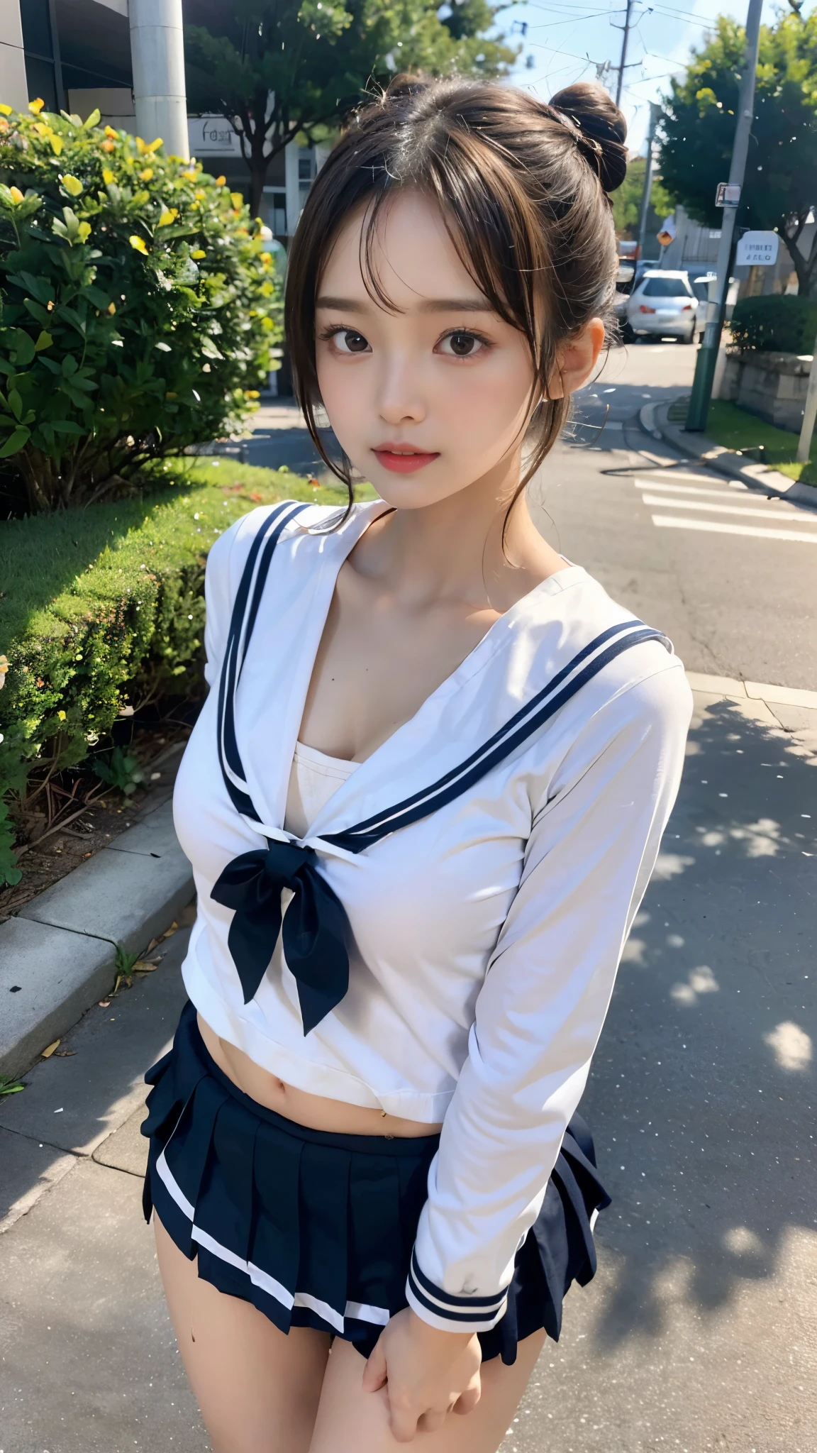 (((Sailor suit, mini skirt))), ((The body of a 14-year-old beautiful girl)), Hair, Smooth and shiny hair, (Twin bun hairstyle:1.3), (Beautiful Skin), (Slender body line), , delicate, 8th life, Medium breast, (Perfect Anatomy:1.4), (Detailed eyes and face:1.2), (Detailed hands and legs:1.2), ((highest quality, 8K, masterpiece)), View the viewer, (Ready for public sex:1.7)