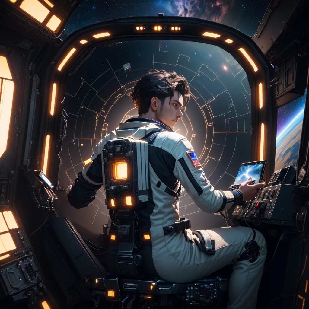 sideback view of male pilot looking half-turned at viewer and holding holographic navigation device in hands, sitting in chair in cockpit of spacecraft in deep space, Masterpiece, best quality, (highly detailed CG unity 8k wallpaper), (best quality), (best illustration), (best shadows), isometric 3D , octane rendering, ray tracing, highly detailed, sci-fi