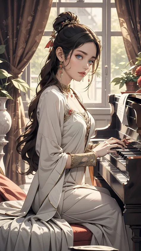 24 year old caucasian female、chopin、art、grand piano performance、dress wear