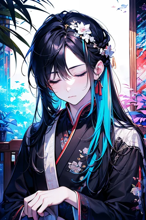 ((Male around 20 years old:1.2)),tazune rirei, masterpiece, best quality, braid hair,(half up and half down hair:1.3),black hair...