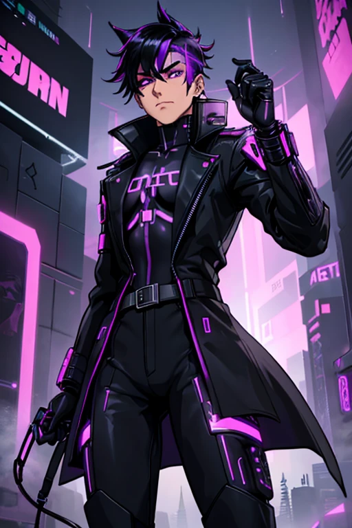 male, purple eyes, black hair, (((1boy))), (((black cyberpunk bodysuit))), (black trench coat), (black wide brimmed fedora), (black cybernetic gauntlets), (black cybernetic boots), (black belt), long legs