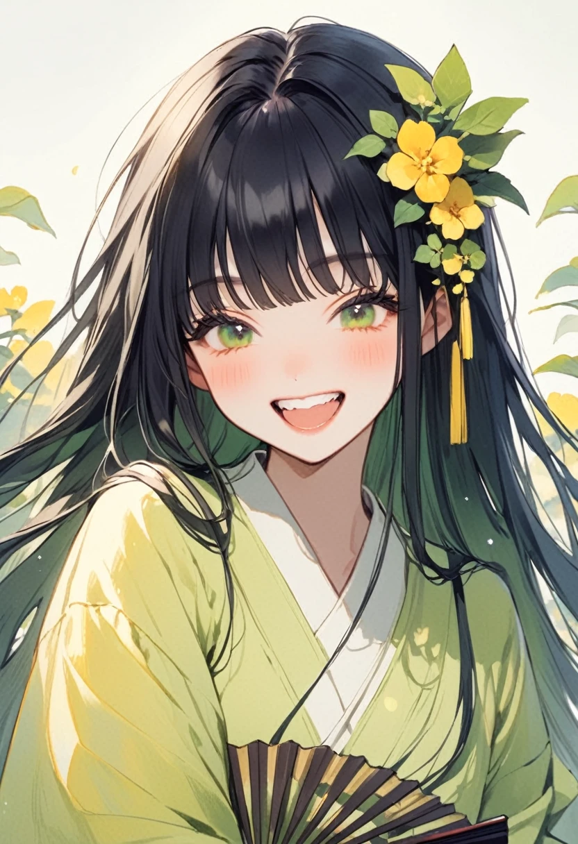 A girl wearing a yellow-green kimono、Long black hair、Straight Hair、Yellow-green flower hair ornament、Laugh with your teeth showing、Holding a folding fan