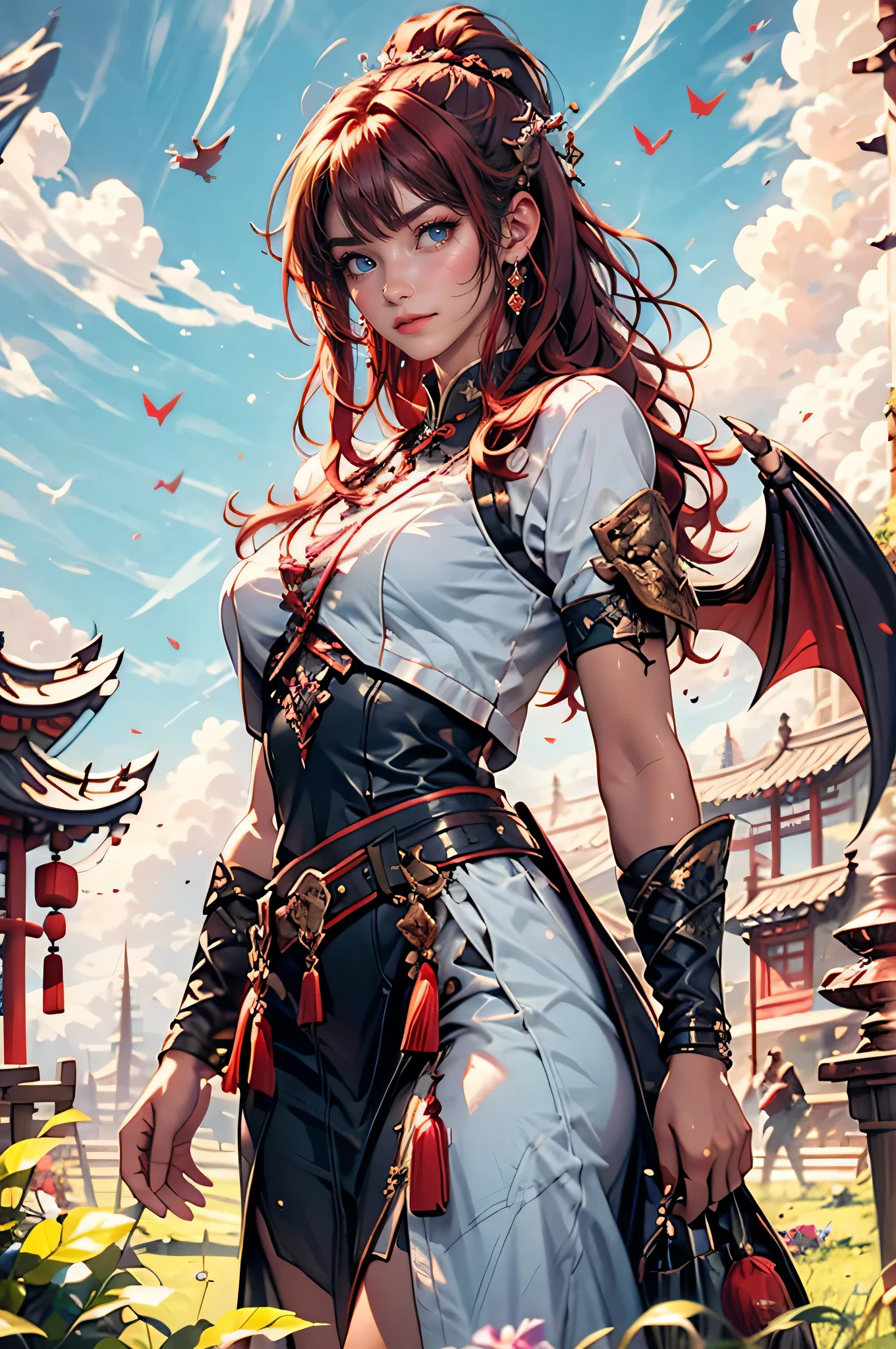 masterpiece, concept art, cowboy shot, centered, 1girl, kawaii dragon knight, dragon wings, red hair, violet eye, wavy long hair, grassland, cloud, sky, vibrant color, epic composition, epic proportion, HD, risbeauty chinese,