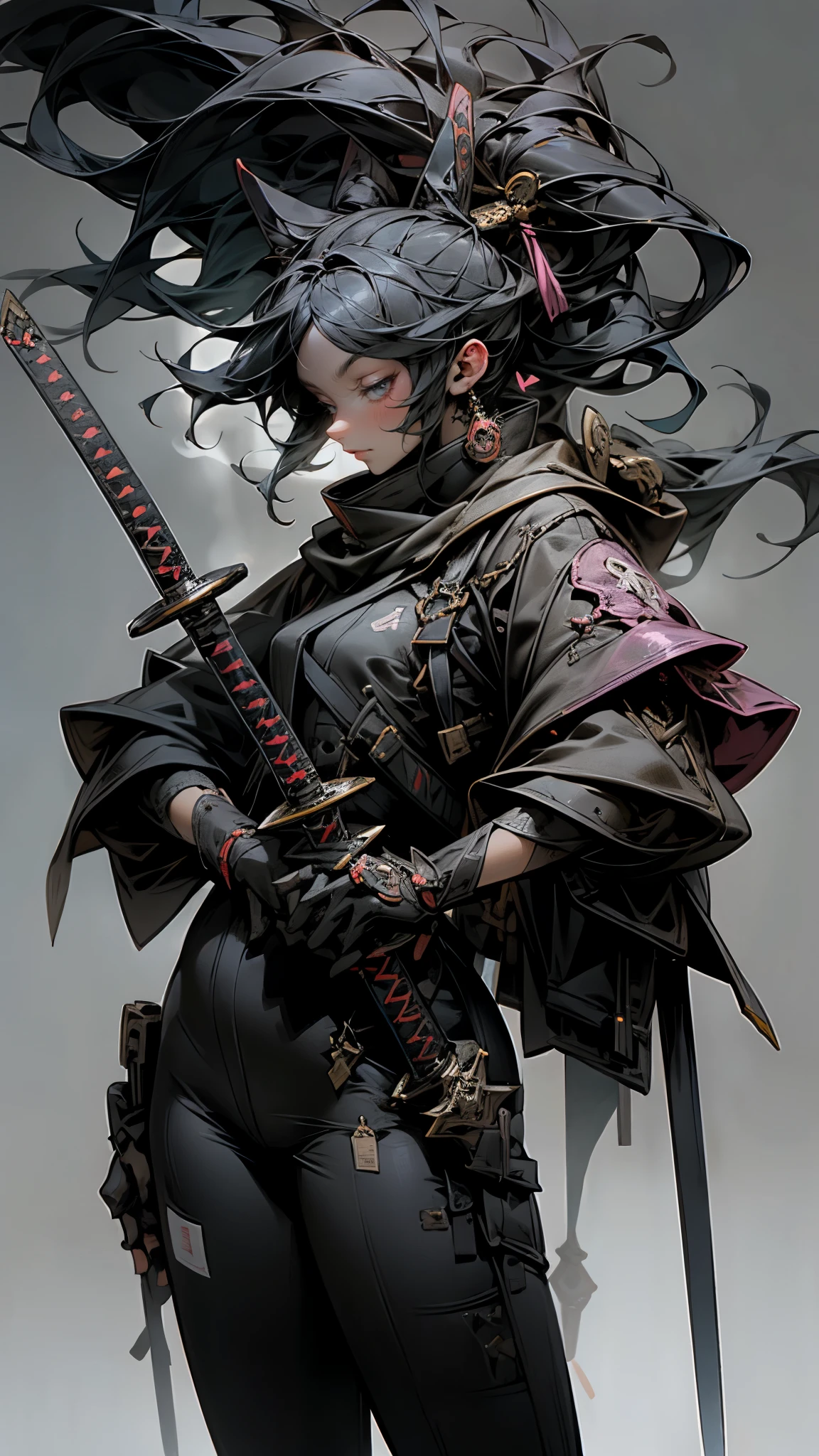 uma mulher segurando uma espada em um quarto escuro, 2. arte de fantasia de anime 5 d cgi, segurando uma katana preta, impressionante renderização em 3D de fantasia, segurando katana, arte de personagem de motor irreal, desembainhando sua katana, she is segurando uma katana sword, modelos yasuke 5 0 0 px, pose dramática de empunhar uma katana, segurando uma katana, cor de fundo fumê. 