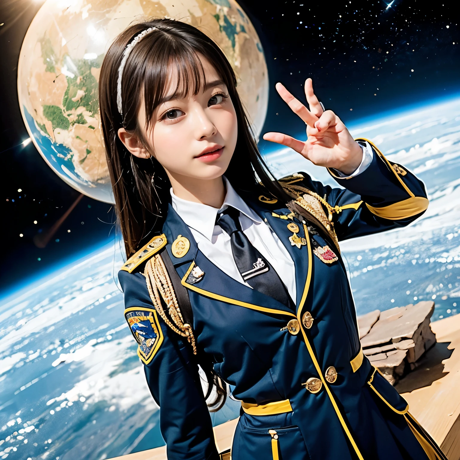 (Pieces fly, highest quality:1.2), 8k, Official Art, Surprised expression、chest、cute、Put your hand over your mouth、Wearing a suitいる、Gesture of removing tie、I can see the chest、A rough image of a girl in a uniform holding a globe, Official Artwork, portrait anime space cadet girl, with the earth, girl in space, Space High School, Space Girl, planet, Trending on cgstation, extrasolar planet, Official Art, Mars planet, Beautiful anime school girl, Sakimi-chan, Floating next to the planet, galaxy japan、Five Fingers Photos&#39;Body of, Esbian all over、Suit Beauty、Big Dipper in the background、star explosion、Beautiful barefoot woman with black hair, Hold a flame in your right hand、Tie your tie with your right hand、Look up、Looking down、Cool look、Bright lava lights rise from beneath the asteroid belt over the broken Earth(Jagged rocks and debris flew into the air.:1.3) (Windy dust storm:1.1) Volume fogmist by trace Z、Allows bright light from below to pass through、 (masterpiece) (highest quality) (detailed) (8k) (Cinema Lighting) (Sharp focus) (complicated)Black Hair、14 years old、Small chest、Fun、Laughter、Incredibly stupid, (beautiful girl, Pretty face, lean back, Gold ornament in hair、Wearing a suit、Close up of chest, Wearing a suitいる, Short sleeve, Gardenia, Violacea, space , View Viewer, Film Grain, chromatic aberration, Boobs sharp focus, Face Light, Dynamic Lighting, Cinema Lighting, Detailed eyes and face, (Grey tie、1:1.2)