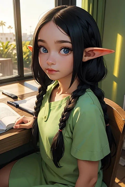 obra de arte, melhor qualidade, 1 female elf,1 garota, long black hair in braids,olhos azuis,bustoto pequeno,olhando para o espe...