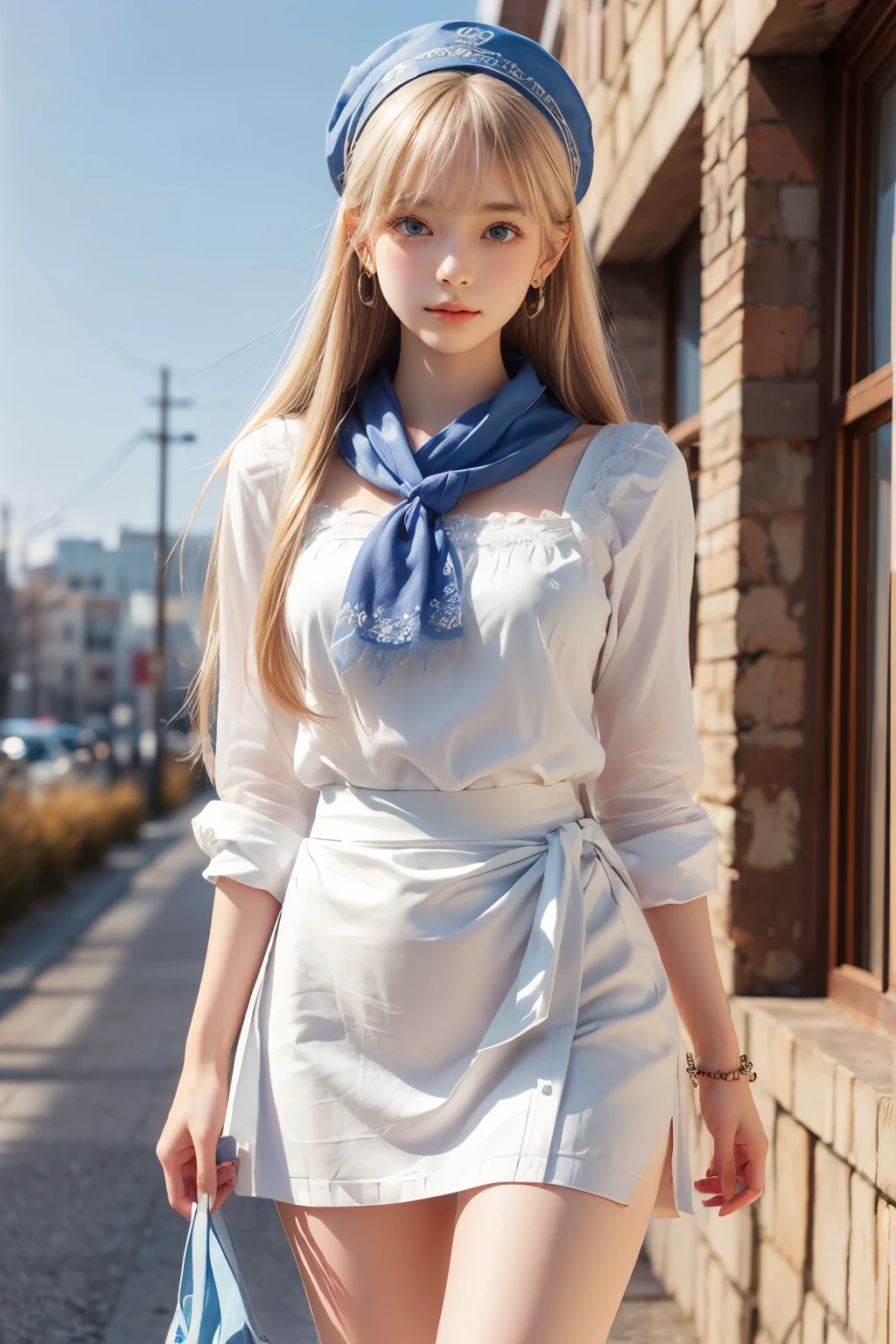 ((sfw: 1.4)), ( Beautiful white glowing skin, incomparable beauty, bright, fresh, gentle expression, perfect beautiful cute face, shiny platinum blonde silk super long straight hair, beautiful shiny bangs, eyeliner, big clear sky blue eyes,, earrings), (sfw, She is wearing a long white embroidered skirt, a red blouse with lace, a white apron tied around her waist, blue socks, and brown leather shoes. A blue scarf is on her head. Yes, her accessories include necklaces, earrings, and bracelets. 1 Girl)), Ultra High Resolution, (Realistic: 1.4), RAW Photo, Best Quality, (Photorealistic Stick), Focus, Soft Light, ((15 years old)), (( (young face))), (surface), (depth of field), masterpiece, (realistic), woman, bangs, ((1 girl)),  