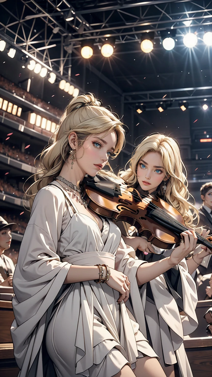 24 year old Caucasian female、Platinum Blonde、Violinist playing at a concert、Dress Wear