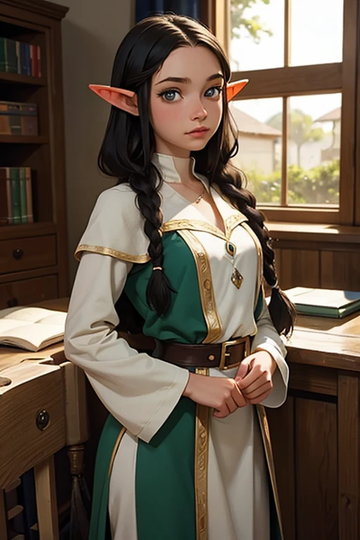 Obra de arte, melhor qualidade, 1 female elf,1 garota, long black hair in braids,olhos azuis,bustoto pequeno,olhando para o espectador, one piece,, namiOP, , escola, escola desk,, Sozinho,  Beautiful 18 year old female elf in a medieval knight school