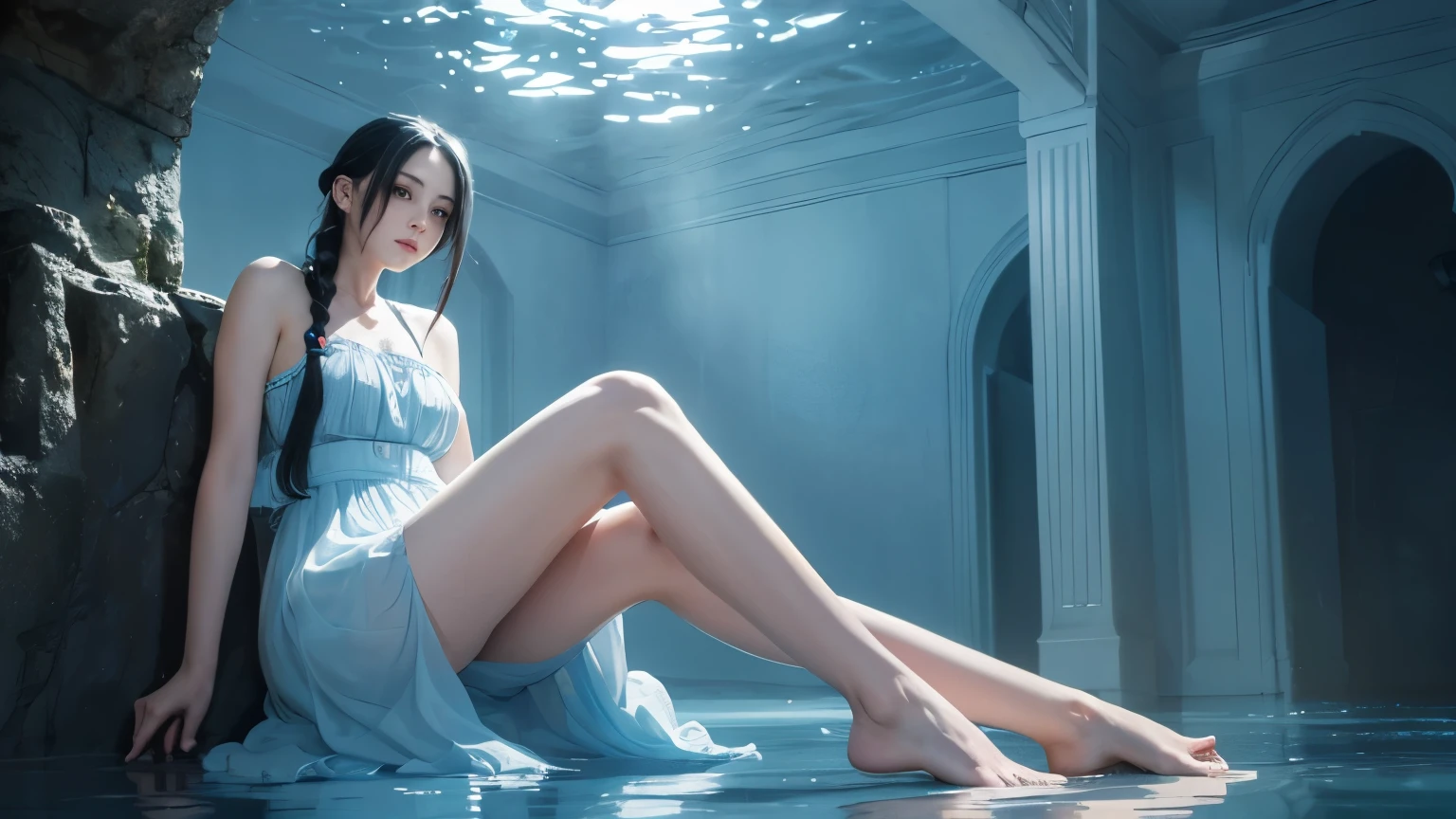 （Knee shot）Boutique，masterpiece，Ultra-high resolution，Clear face，White hair，Black Hair，Colorful Hair，short hair，Straight Hair，Long braids，Glowing red eyes，Red X pupil，Sweet girl clothes 6，Light blue print dress，（Trueness：1.4），RAW photos，Cold Light，Woman wearing light blue transparent dress underwater，Wallpaper blue water，Gurwitz-style artwork，Water magic close-up fantasy，Beautiful artistic illustration，Beautiful digital artwork，Beautiful digital illustrations，Beautiful Portrait，Above the knee, fix her legs