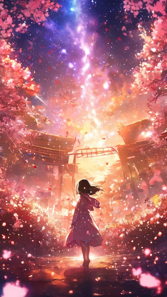 masterpiece, concept art, panorama, in the center, figure, wide shot, flower garden, night, (Meteors), Space galaxy background, (magnificent composition, epic proportions), dynamic lighting, Bright colors, cherry blossoms,1 girl,