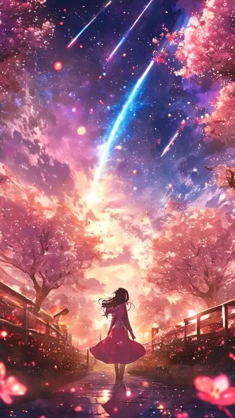 masterpiece, concept art, panorama, in the center, figure, wide shot, flower garden, night, (Meteors), Space galaxy background, ...