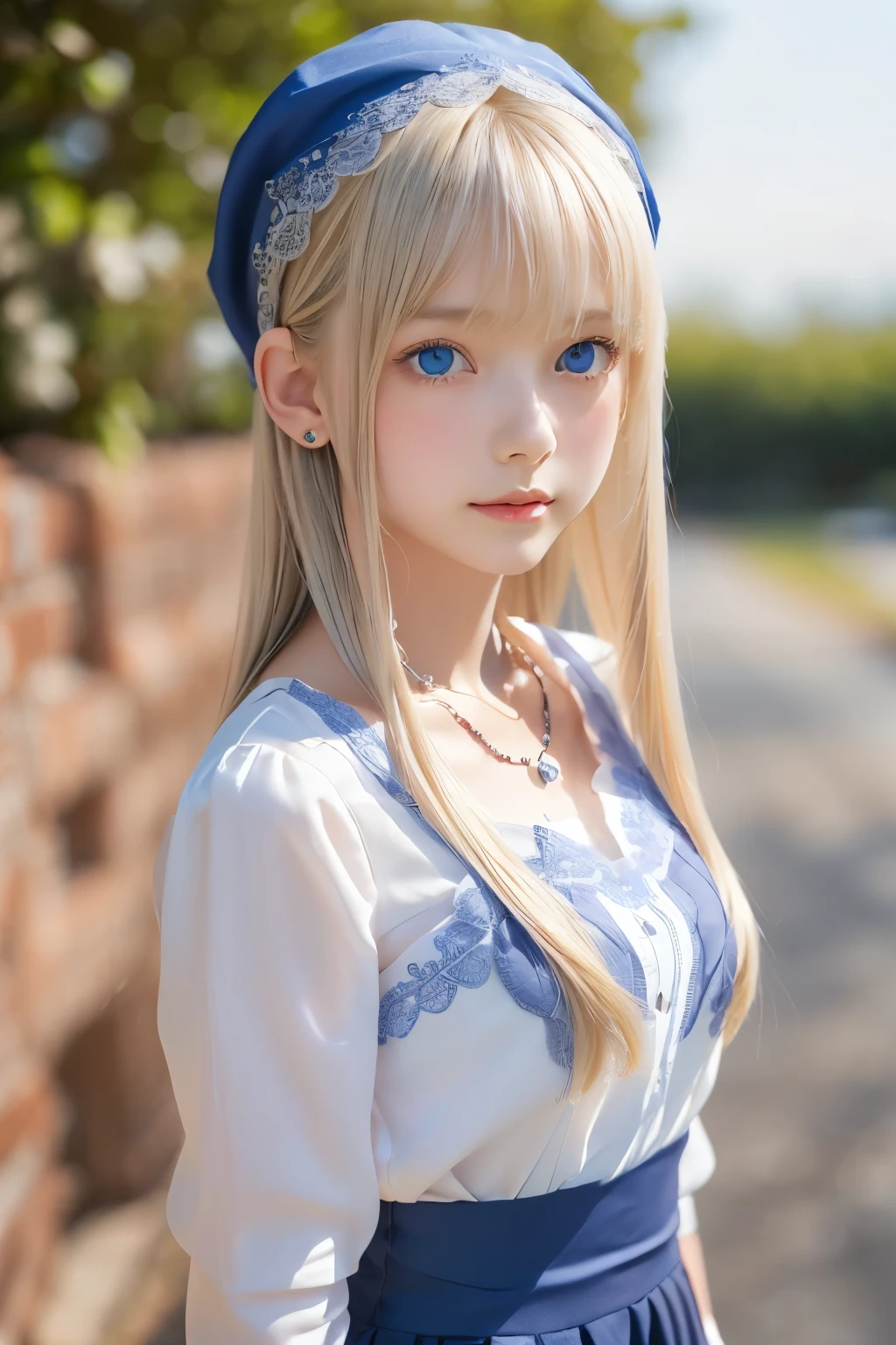 ((detailed face, cute face)), (She is wearing a long white embroidered skirt, a red blouse with lace, a white apron tied around her waist, blue socks, and brown leather shoes, blue scarf is on her head. Yes, her accessories include necklaces, earrings, and bracelets. 1 Girl)), Ultra High Resolution, (Realistic: 1.4), RAW Photo, Best Quality, (Photorealistic Stick), Focus, Soft Light, ((15 years old)), ((Shiny platinum blonde silk super long straight hair, beautiful shiny bangs, big clear sky blue eyes, very beautiful bright eye highlights )), (( (young face))), (surface), (depth of field), masterpiece, (realistic), woman, bangs, ((1 girl))