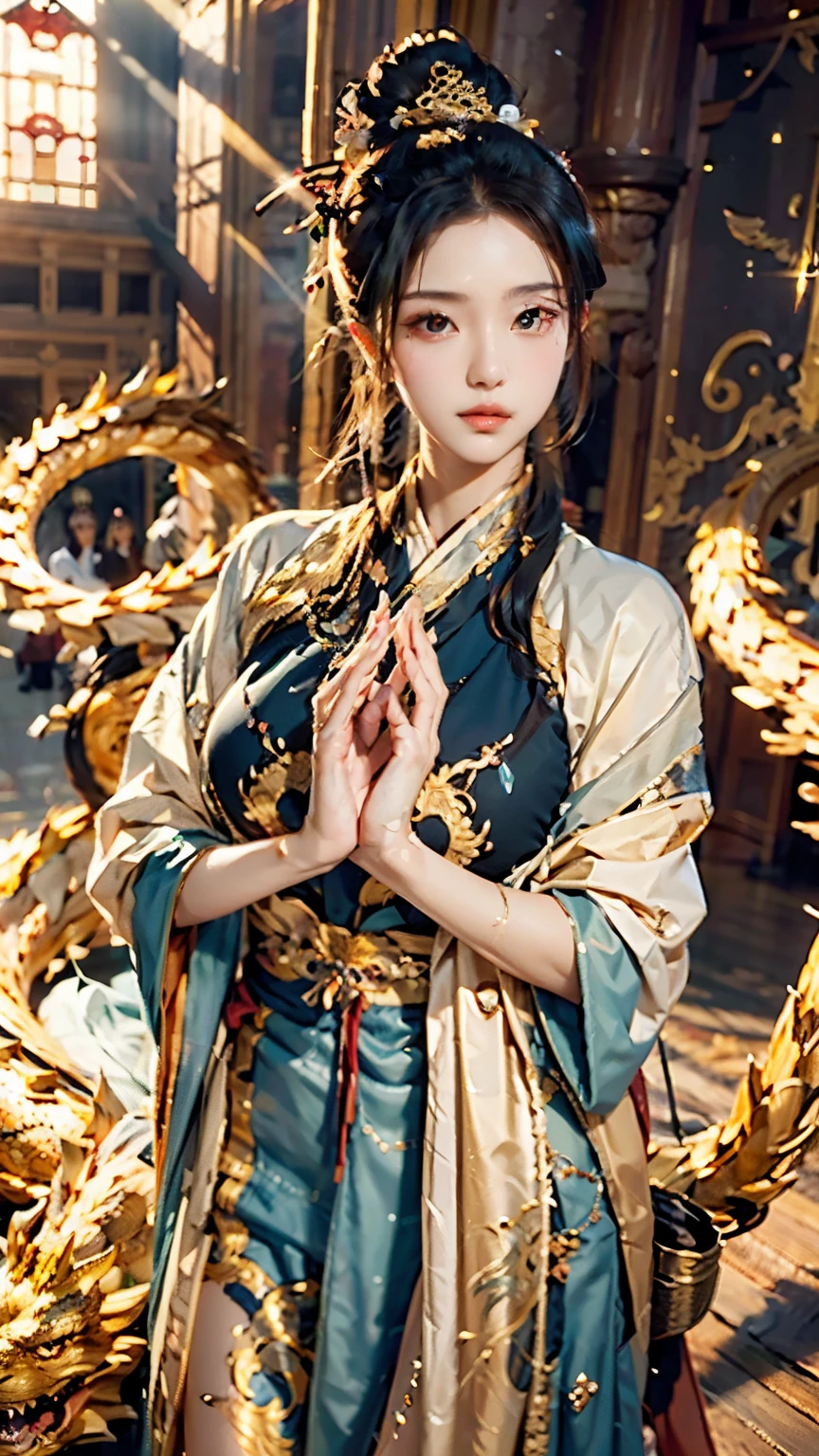 ((best quality)), ((masterpiece)), (detailed), Perfect face，Hanfu Beauty，Standing in front of a huge golden glowing dragon，Hands down，Looking at the camera，Ultra-detailed face and eyes，16k，Best quality，Bokeh，Soft Light，space，Crystal clear，Natural light，Close shot，Super Realism