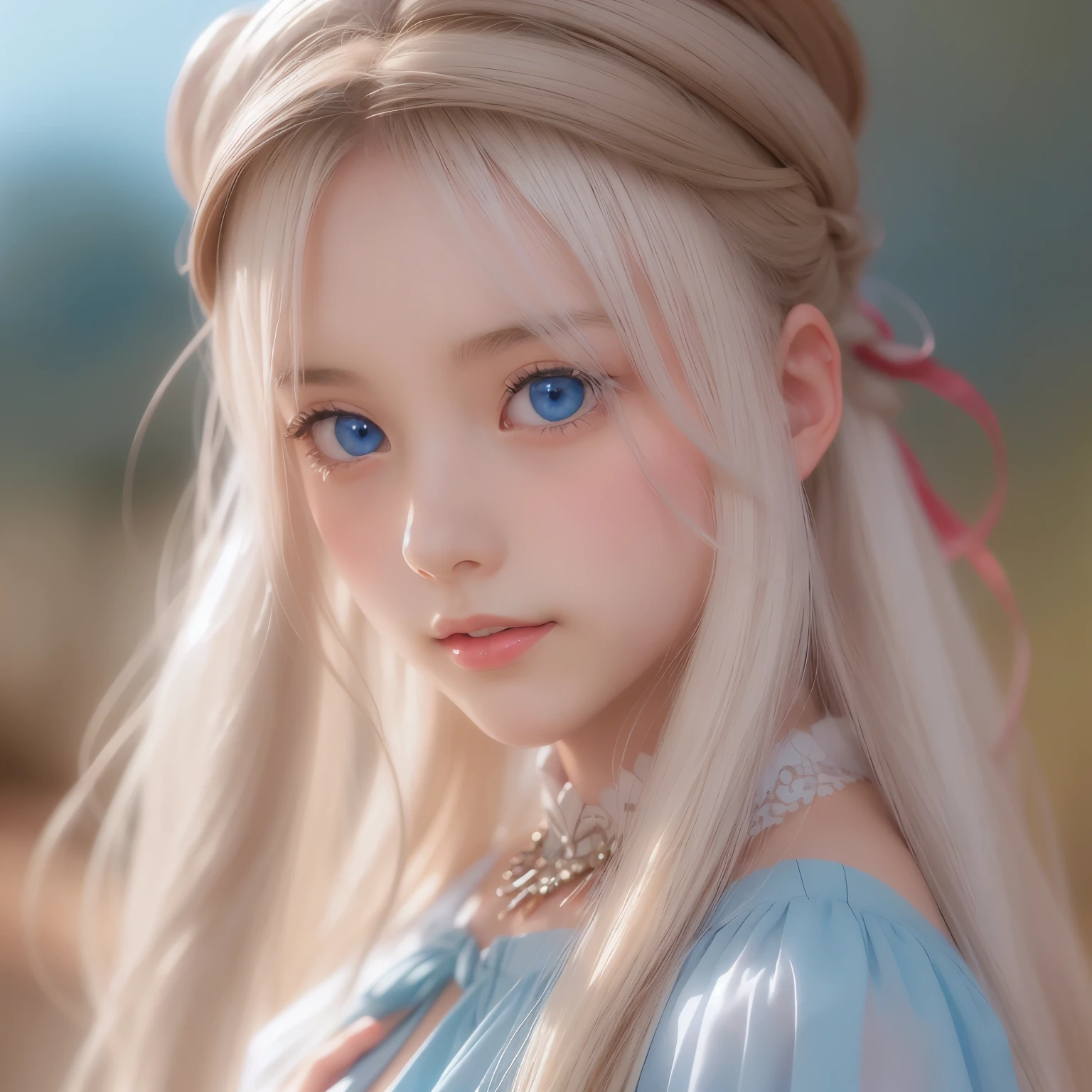 ((detailed face, cute face)), (She is wearing a long white embroidered skirt, a red blouse with lace, a white apron tied around her waist, blue socks, and brown leather shoes, blue scarf is on her head. Yes, her accessories include necklaces, earrings, and bracelets. 1 Girl)), Ultra High Resolution, (Realistic: 1.4), RAW Photo, Best Quality, (Photorealistic Stick), Focus, Soft Light, ((15 years old)), ((Shiny platinum blonde silk super long straight hair, beautiful shiny bangs, big clear sky blue eyes, very beautiful bright eye highlights )), (( (young face))), (surface), (depth of field), masterpiece, (realistic), woman, bangs, ((1 girl))