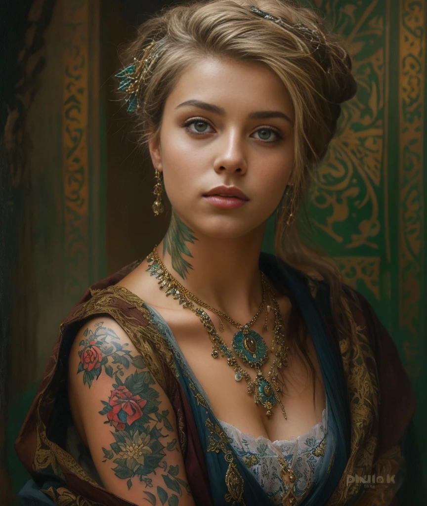 chef-d&#39;œuvre, Portrait du haut du corps, fille, tatouages, Moyen-âge, habits traditionnels, classicisme, style Andreï Atrochenko, Peinture, Médias traditionnels, Réaliste, figuratif, beaux-arts, huile sur toile, HDR, 8k, Caractère original, haute résolution, Détails élevés, se concentrer sur le visage, complexe, impeccable