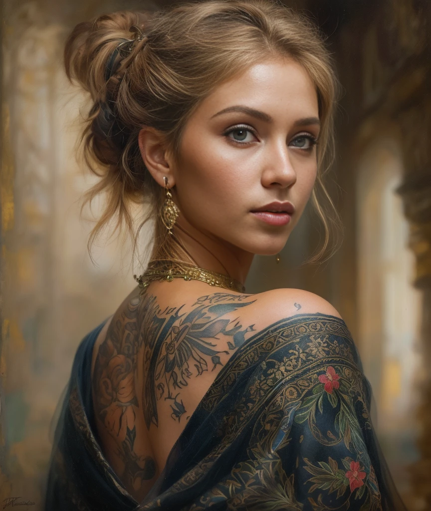 obra maestra, retrato de la parte superior del cuerpo, chica, tatuajes, Edad media, ropa tradicional, Clasicismo, estilo andréi atroshenko, cuadro, medios de comunicación tradicionales, Realista, figurativo, arte fino, óleo sobre lienzo, hdr, 8K, Personaje original, Alta resolución, Alto detalle, Centrarse en la cara, Intrincado, impecable