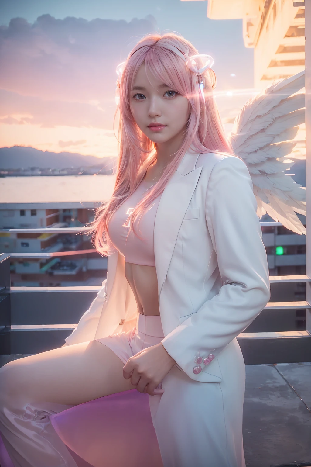 ((masterpiece, best quality, Very detailed), Volumetric Lighting, Ambient Occlusion, rich and colorful, Luminescence), 
1 Girl, Solitary, Young Girls, (Pink Hair), long hair, Halo, halo, sacred, goddess, Network Package, (White suit:1.3), Android, robot, Angel Wings,
outdoor, Sunset, Sky, cloud, space, (Cyberpunk theme:1.2),