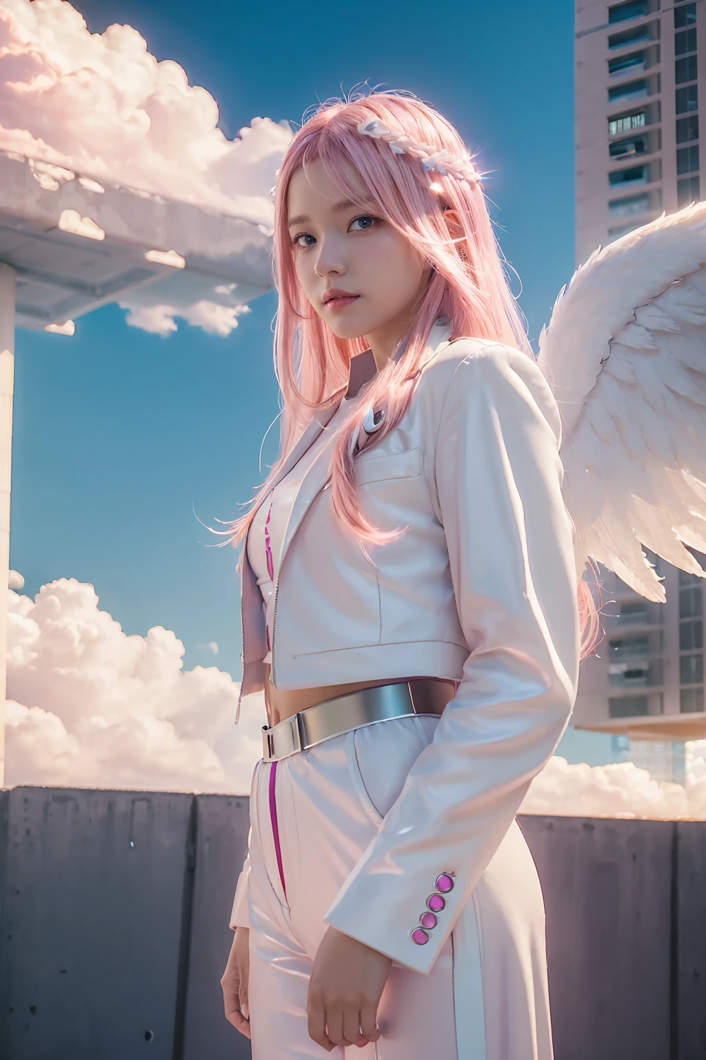 ((masterpiece, best quality, Very detailed), Volumetric Lighting, Ambient Occlusion, rich and colorful, Luminescence), 
1 Girl, Solitary, Young Girls, (Pink Hair), long hair, Halo, halo, sacred, goddess, Network Package, (White suit:1.3), Android, robot, Angel Wings,
outdoor, Sunset, Sky, cloud, space, (Cyberpunk theme:1.2),