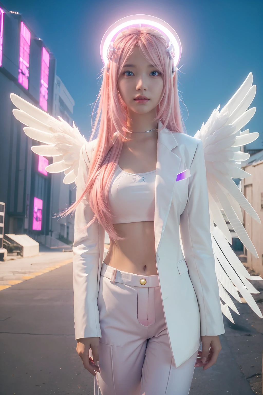 ((masterpiece, best quality, Very detailed), Volumetric Lighting, Ambient Occlusion, rich and colorful, Luminescence), 
1 Girl, Solitary, Young Girls, (Pink Hair), long hair, Halo, halo, sacred, goddess, Network Package, (White suit:1.3), Android, robot, Angel Wings,
outdoor, Sunset, Sky, cloud, space, (Cyberpunk theme:1.2),