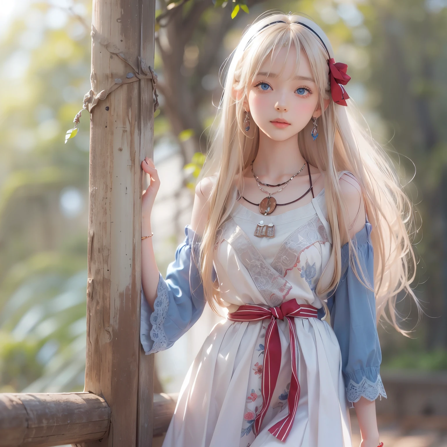 ((detailed face, cute face)), (She is wearing a long white embroidered skirt, a red blouse with lace, a white apron tied around her waist, blue socks, and brown leather shoes, blue scarf is on her head. Yes, her accessories include necklaces, earrings, and bracelets. 1 Girl)), Ultra High Resolution, (Realistic: 1.4), RAW Photo, Best Quality, (Photorealistic Stick), Focus, Soft Light, ((15 years old)), ((Shiny platinum blonde silk super long straight hair, beautiful shiny bangs, big clear sky blue eyes, very beautiful bright eye highlights )), (( (young face))), (surface), (depth of field), masterpiece, (realistic), woman, bangs, ((1 girl))