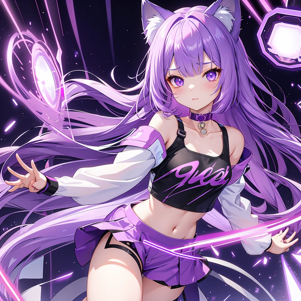 (highest quality)、(Abstract、Surreal)、(((cute)))、 ((Shiny purple straight long hair、Girl with purple hair))、(Detailed eyes glowing light purple)、Hair colour dark purple、Cat ear、choker、 ((Wearing a cyber black cropped tank top and a white jacket))、(Bare shoulderedium chest)、Big Ass、(Open your legs wide and do an M-shaped spread)、Open pussy、Browsing Caution、Sensitive、
