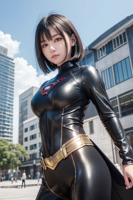 High resolution、8k、Beautiful Teenage Woman、1 female、Medium chest、Short black hair、(Metallic Mechanical Outfit)、((Superhero Outfits))、(The square in front of the building)、(Strike a hero pose)