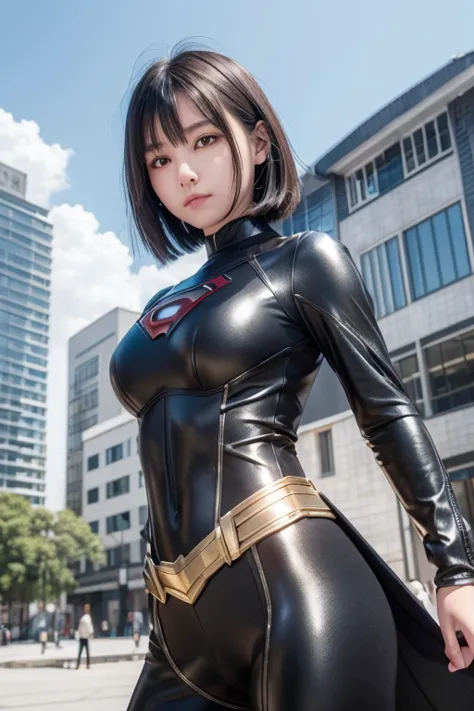 high resolution、8k、beautiful teenage woman、1 female、medium chest、short black hair、(metallic mechanical outfit)、((superhero outfi...