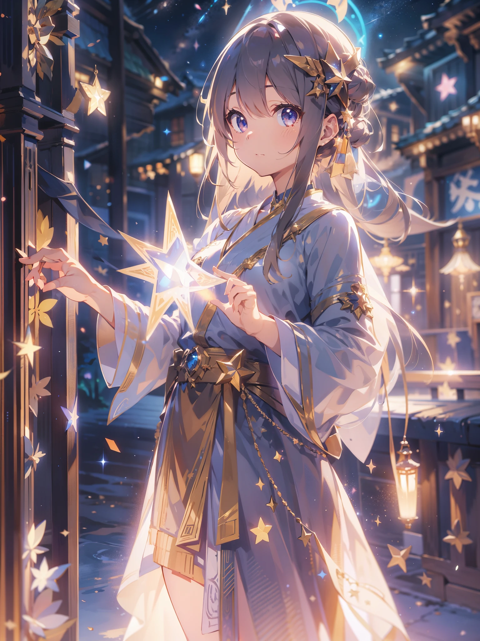 Anime-Serie,depth oF Field, filmische Beleuchtung, lens Flare, F/1.2,(Meisterwerk:1.2),(high deFinition),Astrologie、Sterne lesen、Girl holding up a star and telling Fortune、Robe、Fantastische Werke、Fantasy-Welt