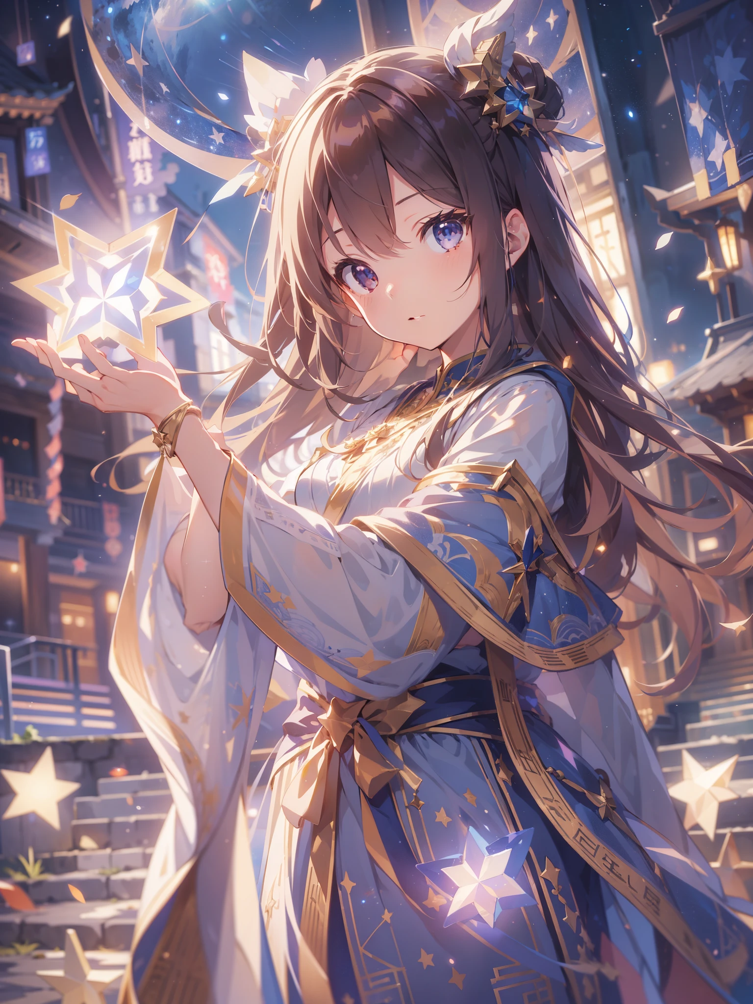 anime,depth of field, cinematic lighting, lens flare, f/1.2,(masterpiece:1.2),(high definition),astrology、Star reading、Girl holding up a star and telling fortune、Robe、Fantastic works、Fantasy World