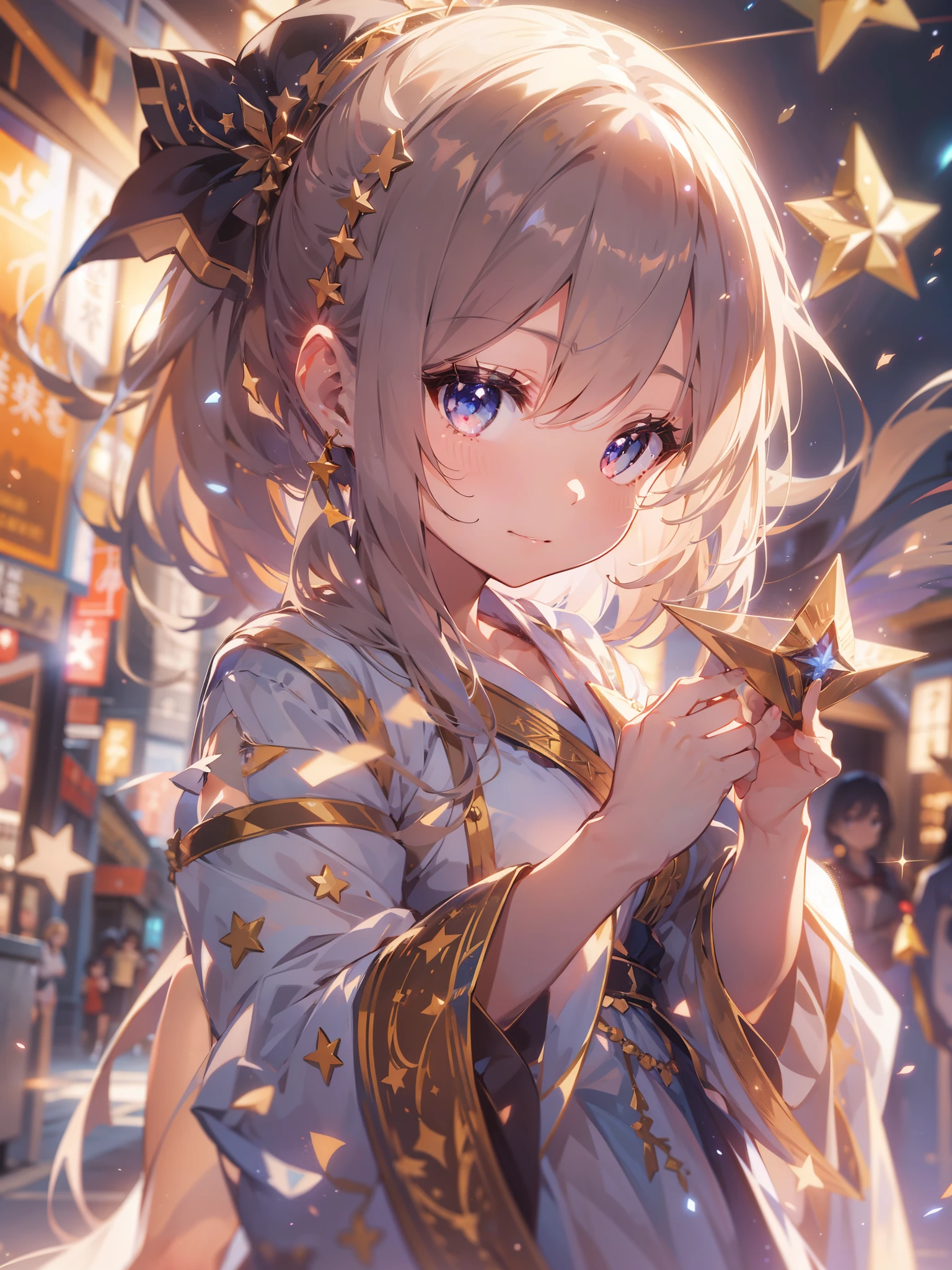 anime,depth of field, cinematic lighting, lens flare, f/1.2,(masterpiece:1.2),(high definition),astrology、Star reading、Girl holding up a star and telling fortune、Robe、Fantastic works、Fantasy World