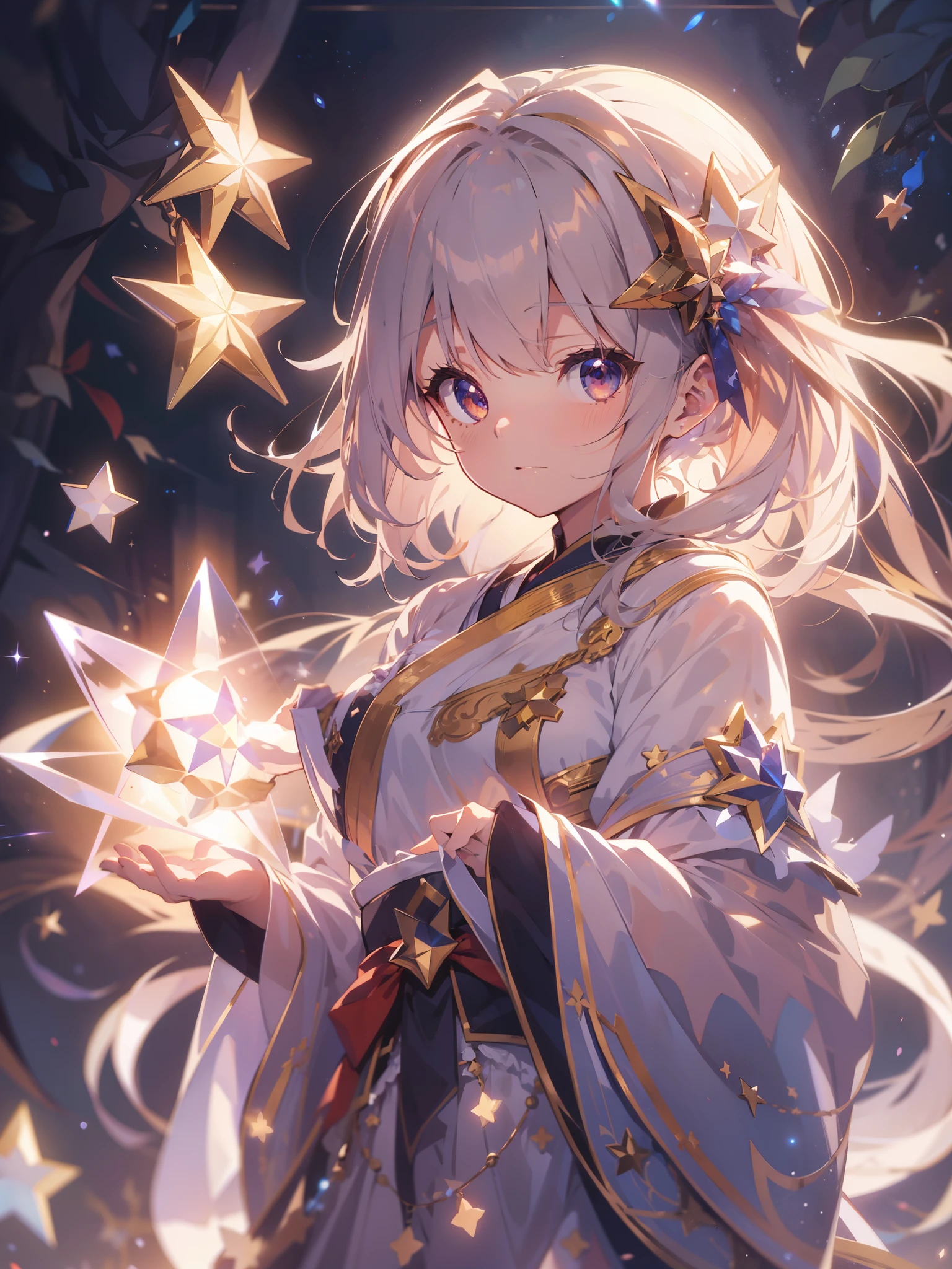 Anime-Serie,depth oF Field, filmische Beleuchtung, lens Flare, F/1.2,(Meisterwerk:1.2),(high deFinition),Astrologie、Sterne lesen、Girl holding up a star and telling Fortune、Robe、Fantastische Werke、Fantasy-Welt