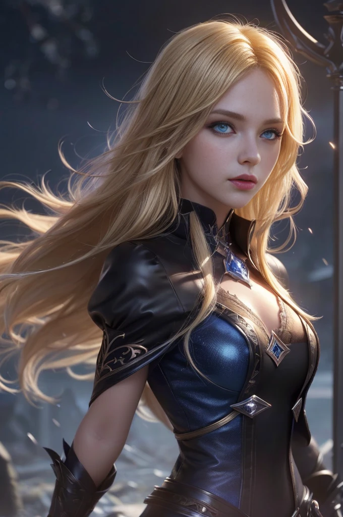 (Extremely detailed CG unity 8k wallpaper,masterpiece, best quality, Extremely detailed),(Optimal lighting, The best shadow, Extremely delicate and beautiful),floating,High saturation,Blonde Hair+blue eyes:1.2,gloomy gothic landscape, long hair, Staring into the distance. (A beautiful girl with long Blonde Hair and blue eyes sparkling gothic lighting)