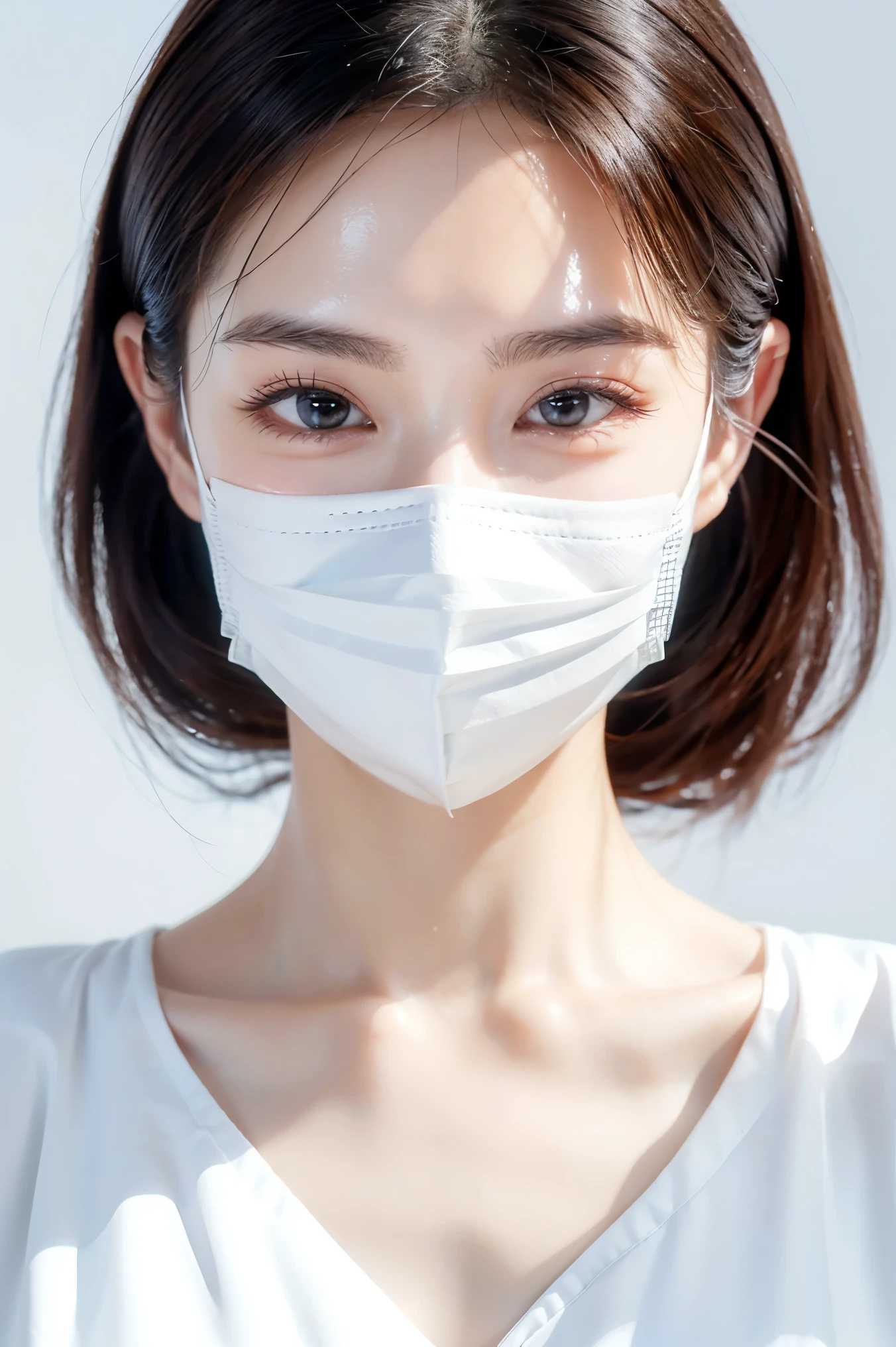 (Tabletop、highest quality、8k、Award-winning works、Ultra-high resolution)、(One beautiful nurse:1.1)、(The perfect white nurse coat:1.1)、(White Mask:1.2)、Chignon、Shiny, beautiful hair、Accurate anatomy、(Solid white background:1.3)、(very bright white lighting:1.1)、(Close-up of face:1.3)、Perfect beautiful makeup、Spectacular Cinema Lighting、Tyndall effect、(standing elegantly:1.1)、(Shining white skin:1.1)、Shiny beautiful skin、Radiant Skin