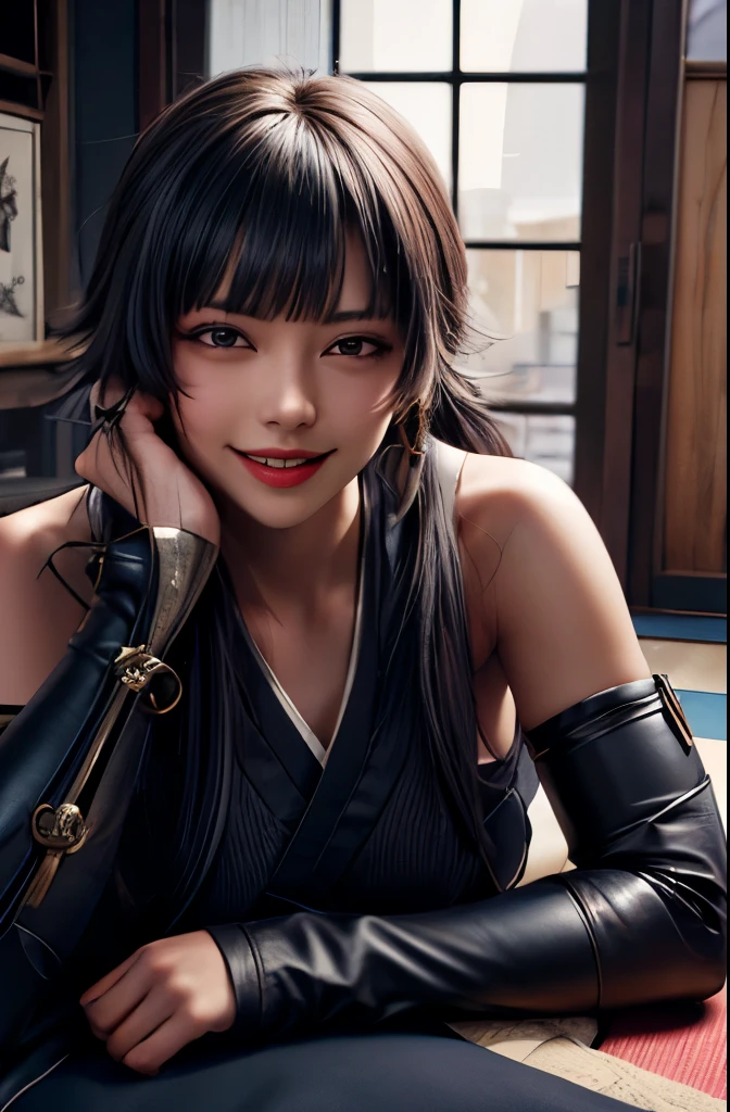 (masterpiece, highest quality, detailed), One girl, alone, View Viewer, thirst, Black Hair, Ninjatech, Ninja, Bulky metal, cyber punk, indoor, tatami, sliding door, cushion, Lie in, ~ side, Headrest, smile, Mouth closed, light smile