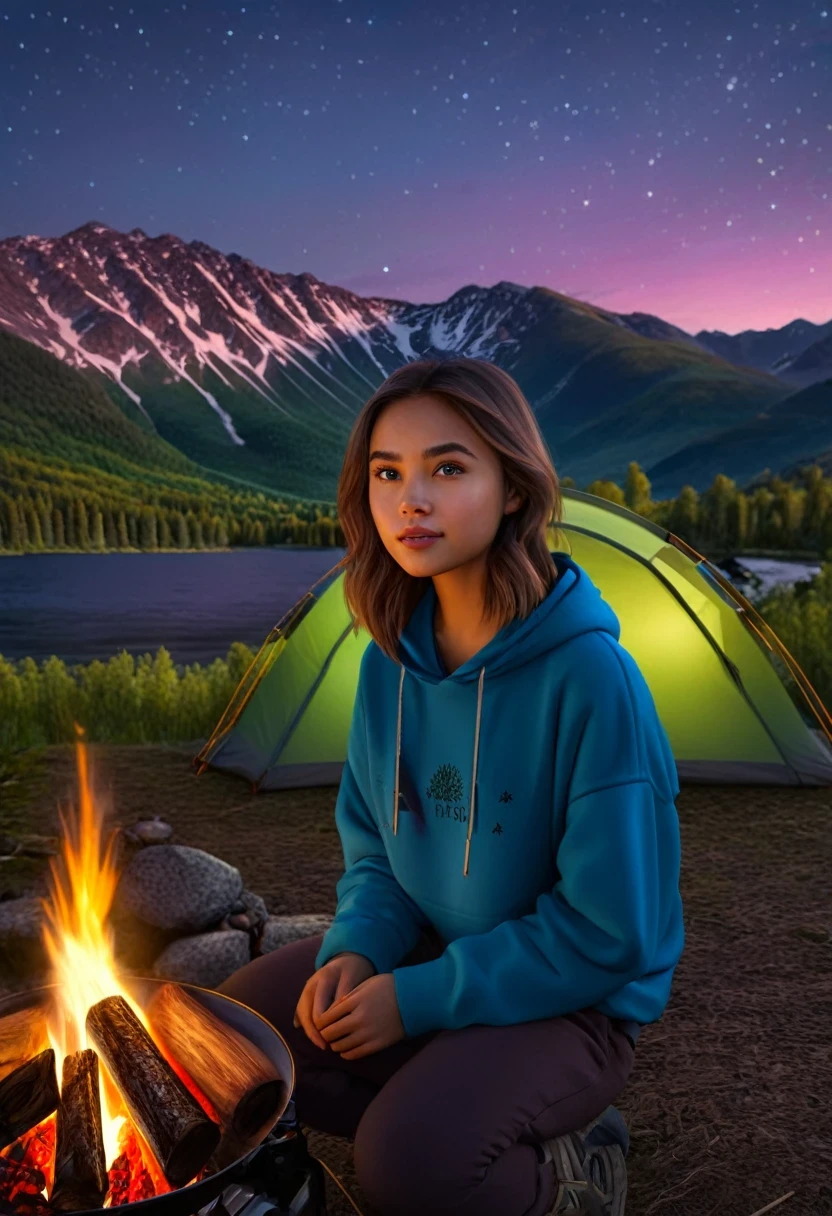 a beautiful girl camping in a 숲, 밤，별이 빛나는 하늘，오로라，(여자 1명:1.2), 상세한 얼굴, 아름다운 눈, 전체 입술, 긴 속눈썹, 야외 캠핑, 캠핑 텐트, 캠프 불, 숲, 나무, 산, 일몰, 따뜻한 조명, (최고의 품질,8K,고등어,걸작:1.2),매우 상세한,(현실적인,photo현실적인,photo-현실적인:1.37),풍경, 자연 채광, 생생한 색상, 피사계 심도