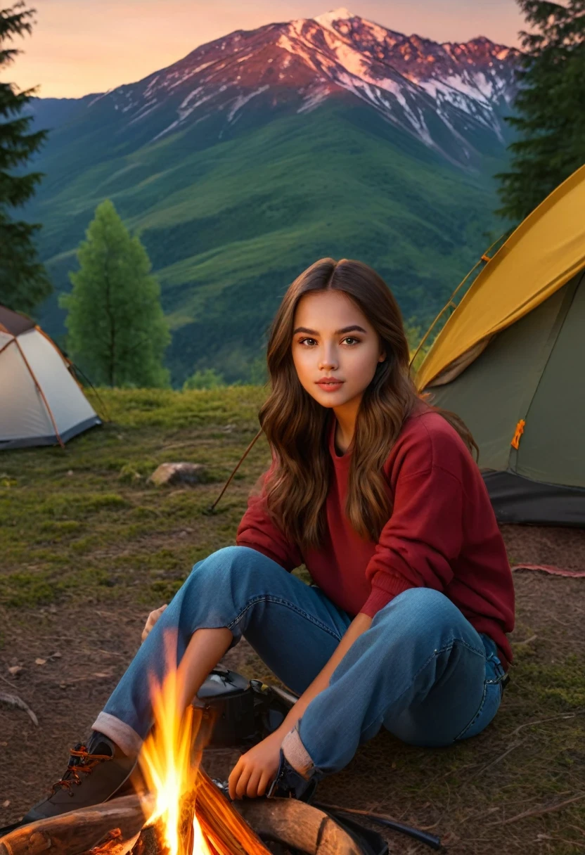 a beautiful girl camping in a ป่า, (1สาว:1.2), ใบหน้าที่มีรายละเอียด, ดวงตาสวย, ริมฝีปากเต็ม, ขนตายาว, ตั้งแคมป์กลางแจ้ง, เต็นท์ตั้งแคมป์, แคมป์ไฟ, ป่า, ต้นไม้, ภูเขา, พระอาทิตย์ตก, แสงที่อบอุ่น, (คุณภาพดีที่สุด,8k,ความสูง,ผลงานชิ้นเอก:1.2),มีรายละเอียดมาก,(เหมือนจริง,photoเหมือนจริง,photo-เหมือนจริง:1.37),ภูมิประเทศ, แสงธรรมชาติ, สีสันสดใส, ความชัดลึก