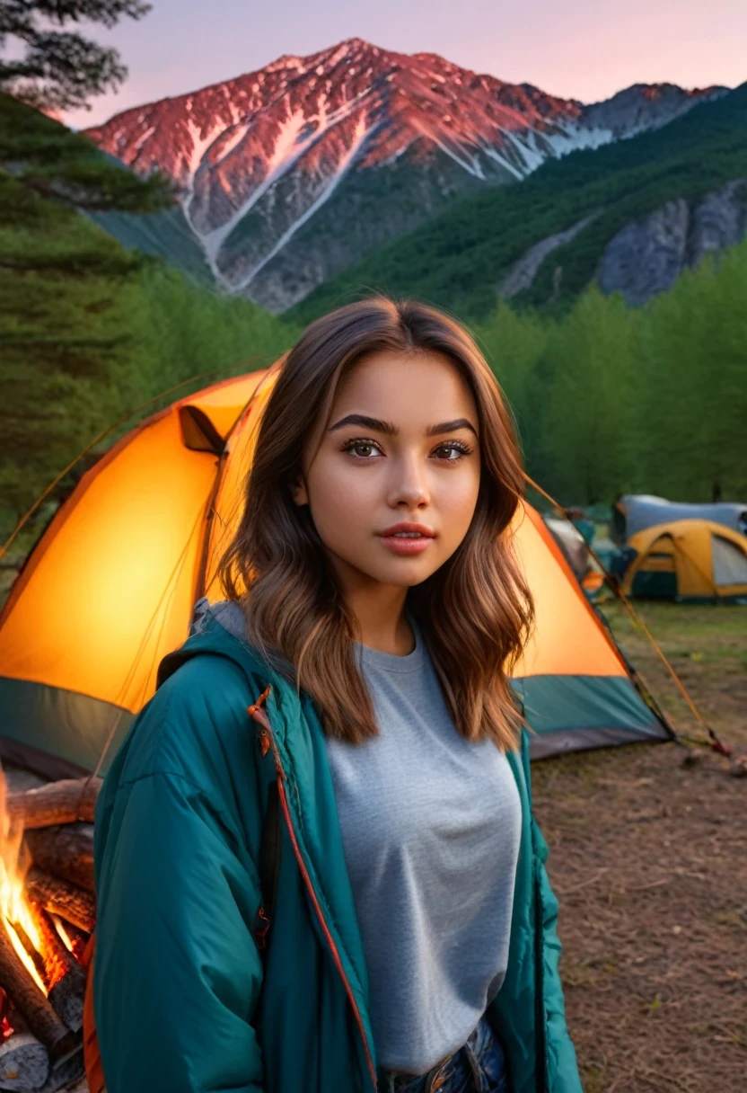 a beautiful girl camping in a forest, (1girl:1.2), detailed face, beautiful eyes, full lips, long eyelashes, outdoor camping, camping tent, campfire, forest, trees, mountains, sunset, warm lighting, (best quality,8k,highres,masterpiece:1.2),ultra-detailed,(realistic,photorealistic,photo-realistic:1.37),landscape, natural lighting, vibrant colors, depth of field