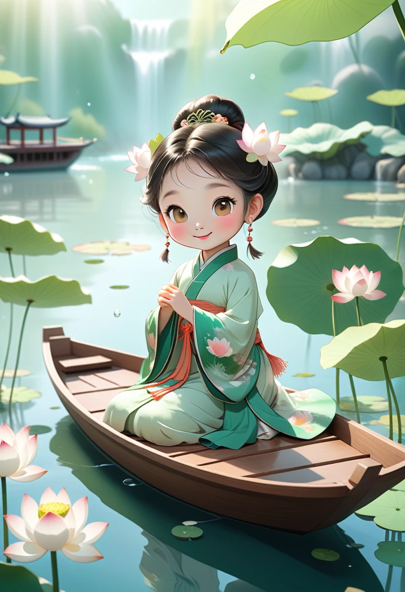 Cartoon Rendering Action Poster， A smiling little Chinese girl ,Dressed in elegant Chinese HanFu， Sitting on a wooden boat, Surrounded by summer lotus Flowers, Lotus Leaf，Ripples in the water Lotus in the Foreground，There are carps swimming in the river ,Bright Light,Light green,abstract pictures,Surrealism,Clear background,Clear outline light,Rim Light,Fantasy, Intricate details, BeautiFul color grading, Unreal Engine, Movie, Color grading,Edit photography, photography, photo shoot, Shot with a 70mm lens, Depth oF Field,degrees oF , tilt blur, Shutter speed 1/ 1000, F/ 22, White Balance,Octane Rendering, blender, Ultra-high quality, Ultra high quality, 8k