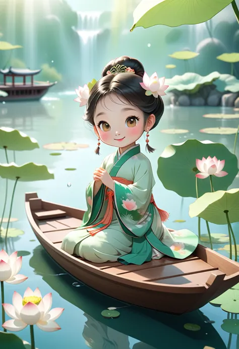 Cartoon Rendering Action Poster， A smiling little Chinese girl ,Dressed in elegant Chinese HanFu， Sitting on a wooden boat, Surr...