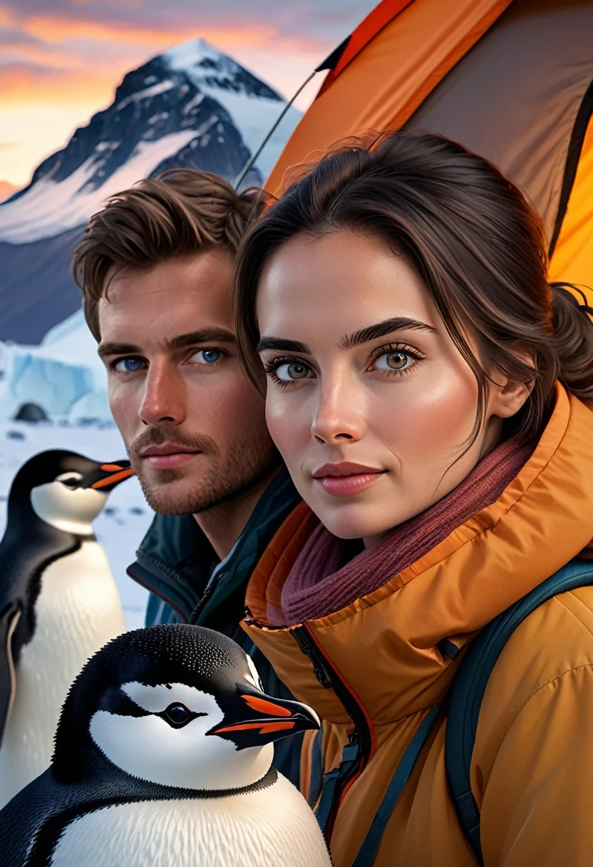 美麗的夫婦在南極晚上露營,, 脸部细节, 漂亮的眼睛, 丰满的嘴唇, 長長的睫毛, (南極露營:1.3), 戶外露營, 露營帳篷, 营火, Snowy 山脉, 企鵝, 山脉, 日落, 溫暖的燈光, (最好的品質,8K,高解析度,傑作:1.2), 超細, ( 實際的,photo實際的,photo-實際的:1.37), 景觀, 自然光, 鮮明的色彩, 景深

