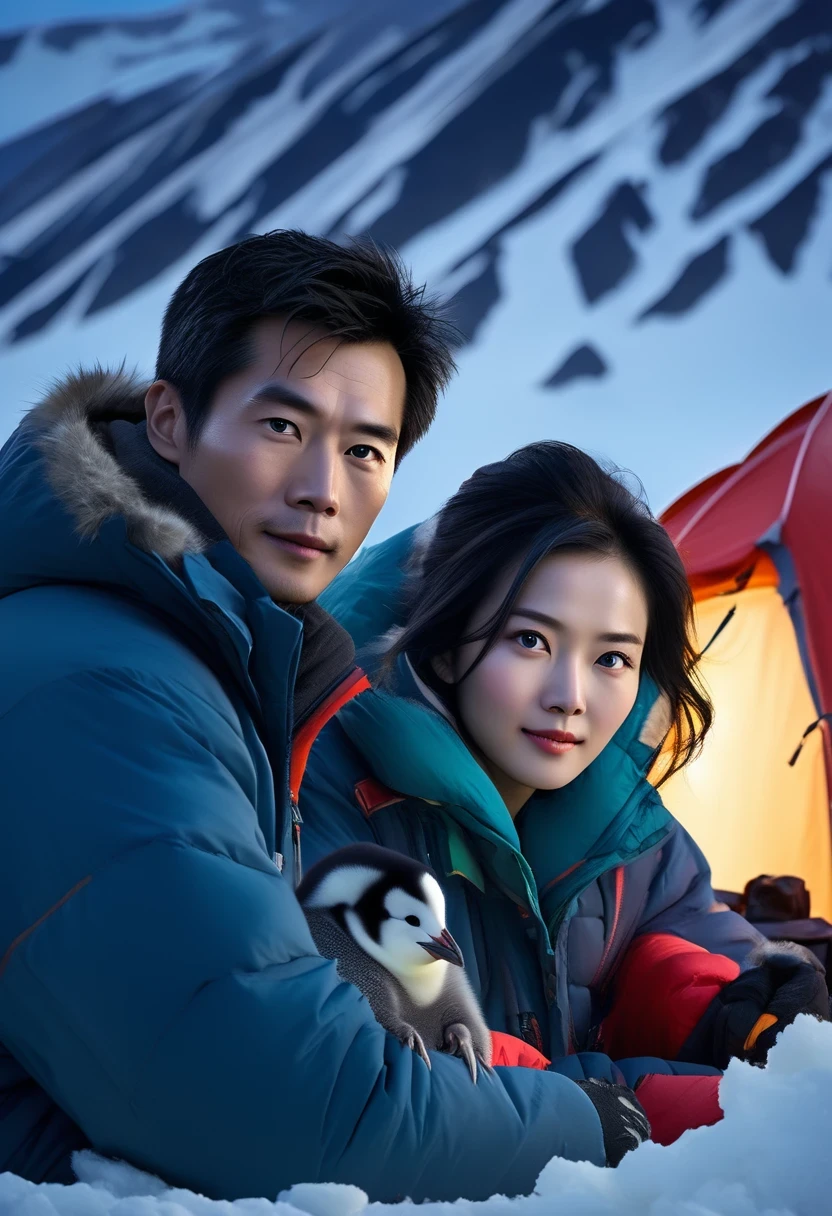 Beautiful Chinese couple camping at night in Antarctica,, Face Detail, Beautiful Eyes, Plump Lips, Long Eyelashes, (Antarctic Camping:1.3), Outdoor Camping, Camping Tent, Sleeping Bag, Camp Fire, Snowy Mountains, Penguins, Mountains, Sunset, Warm Tone Lighting, (best quality,8k,highres,masterpiece:1.2), Ultra Fine, ( realistic,photorealistic,photo-realistic:1.37), Landscape, Natural Light, Vibrant Color 

