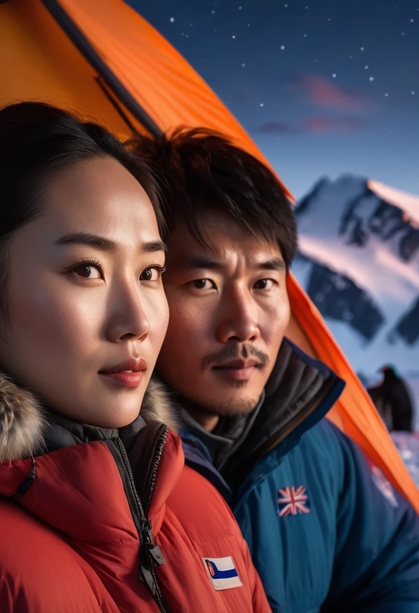 Beautiful Chinese couple camping at night in Antarctica,, Face Detail, Beautiful Eyes, Plump Lips, Long Eyelashes, (Antarctica Camping:1.3), Outdoor Camping, Camping Tent, Camp Fire, Snowy Mountains, Penguins, Mountains, Sunset, Warm Lighting, (best quality,8k,highres,masterpiece:1.2), Ultra Fine, ( realistic,photorealistic,photo-realistic:1.37), Landscape, Natural Light, Vibrant Color 
