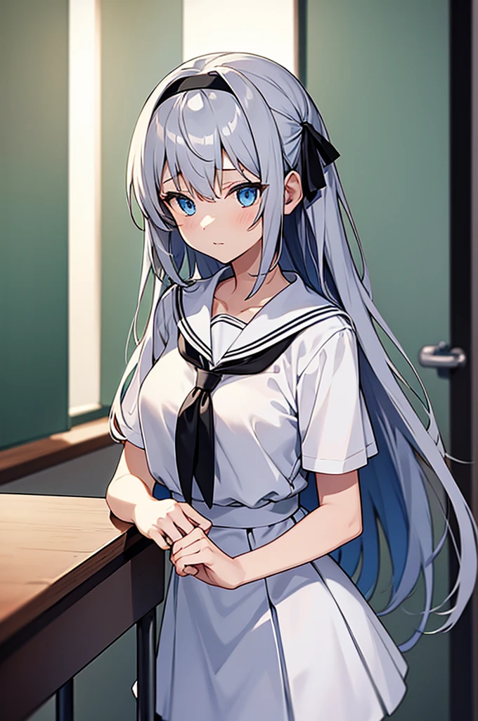 ((masterpiece, best quality, highres)), depth of field, BREAK, 1girl, standing, cowboy shot, BREAK, (classroom), BREAK, kei1, blue eyes, long hair, bangs, grey hair, hair ornament, black hairband, hair between eyes, BREAK, white dress, short sleeves, ribbon, collarbone, white skirt, black pantyhose, neck ribbon, sailor collar, medium breasts,
