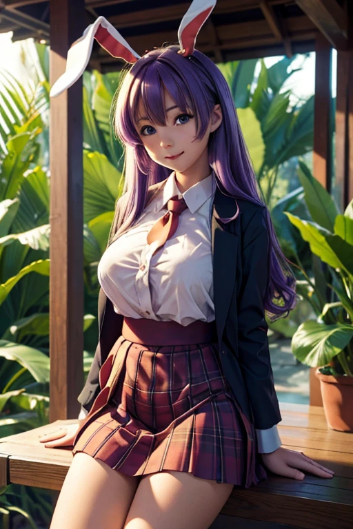 sit in tropical rainforest  , steam , waistband of skirt is at the point above chest , plaid skirt , pleated skirt , Tight shirt , white Shirt , school girl , skirt under breasts , skirt is near breasts area , skirt is adjacent to the chest , (masterpiece, best quality, hires, high resolution:1.2, 4k, 8k , high quality), extremely detailed, realistic, intricate details, highres, 1girl, solo, (large breasts, thick thighs, wide hips), arched back,(cinematic lighting, sunlight, perfect lighting, backlighting), eye-level shot, extreme close-up-shot, looking at viewer, , green skirt nakano_yotsuba_ecsta, blue eyes, orange hair, hair ribbon, nakano yotsuba, short hair, green ribbon, hair between eyes , masterpiece, best quality, 1girl,smile,reisen udongein inaba, purple hair,very long hair, rabbit ears, red eyes,black jacket,pink skirt,necktie , twin tails hair