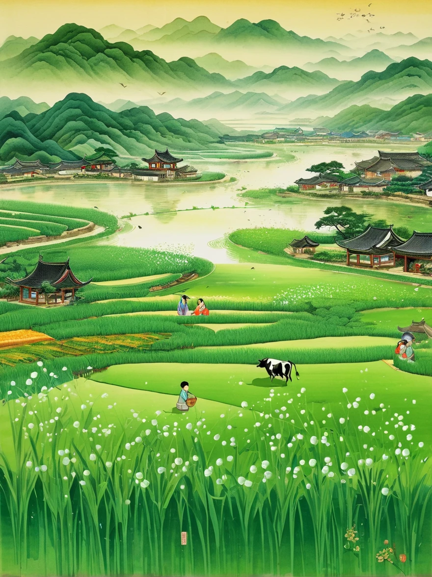 Super detailed，Chinese ink painting style，Chinese dream landscape，Rain during the Qingming Festival，A cute little Chinese boy，Dressed in light-colored Hanfu，Planting vegetables with a hoe，A black cow eats grass，From Bubble Mart。she is in the fields，distant river、grassland，Mountains in the distance，Birds circling in the sky，green onions。